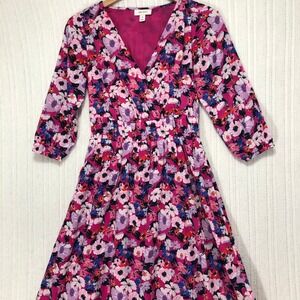 ON-34TH XS‎ Floral Print 3/4 Sleeve V-Neck Midi Dress Pink Purple Casual